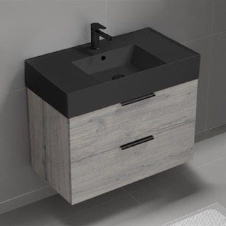 Bathroom Vanity Grey Oak Bathroom Vanity With Black Sink, Wall Mounted, Modern, 32